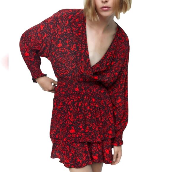 ZARA Dress Mini Short Ruffle Sexy‎ Long Sleeve Black Red Babydoll Whimsygoth S - Picture 2 of 15